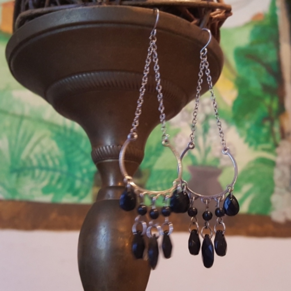 ⬇️ Long Silver Drop Beaded Earrings